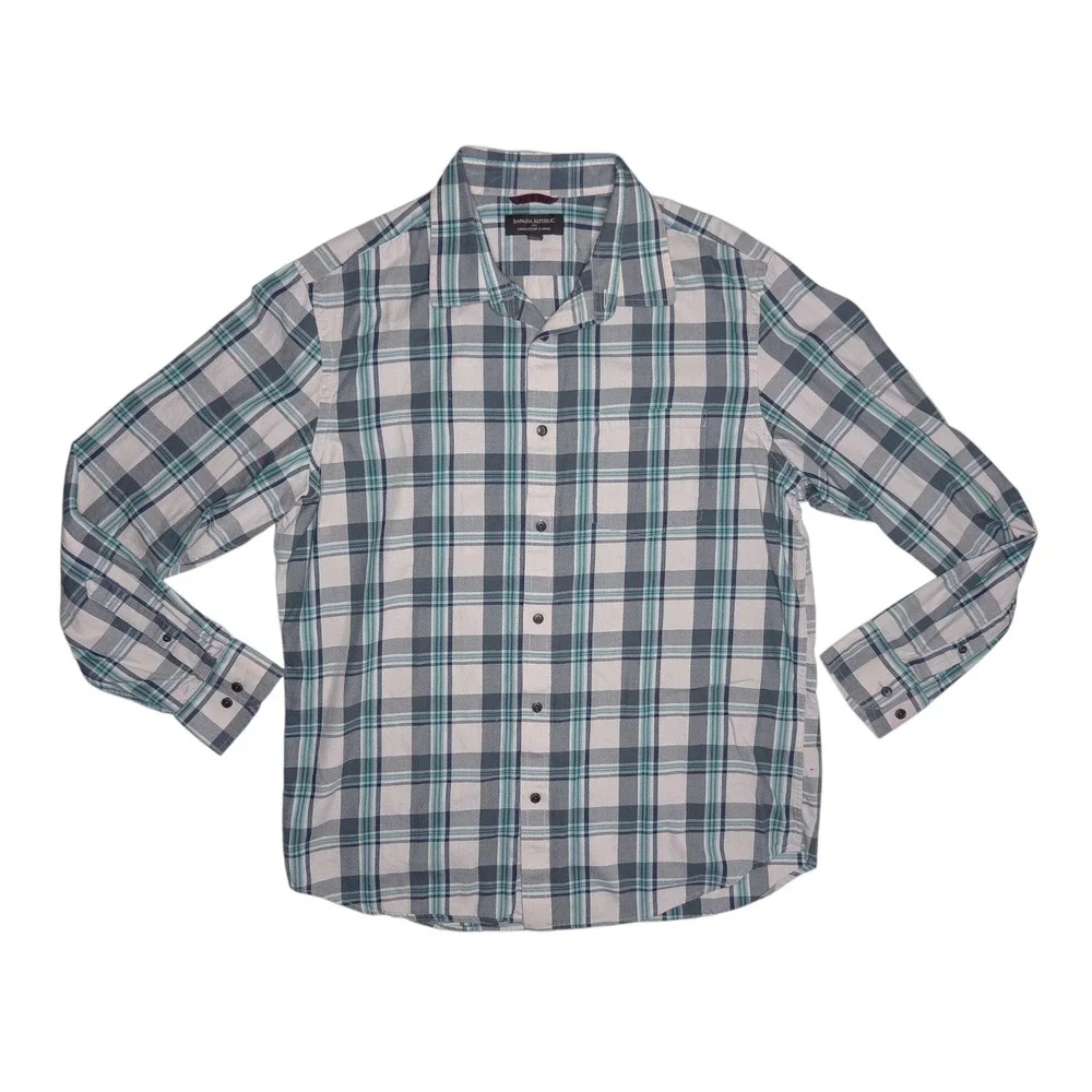 Banana Republic Men's Large Lightweight Flannel Shirt White‎ Gray Blue Plaid